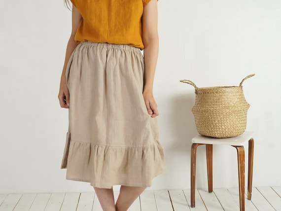 Midi Linen Ruffle Skirt. Skirt With Pockets. Boho Linen Skirt. Frill Linen Skirt for Women. Linen Midi Skirt. Naturak Gather Skirt VAAL Etsy
