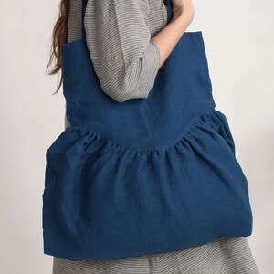 Linen ruffle bag. Linen double layer tote bag. Ruffle shoulder bag. Everyday shoulder bag. Reusable linen shoppers bag. Washed Linen Bag image 7