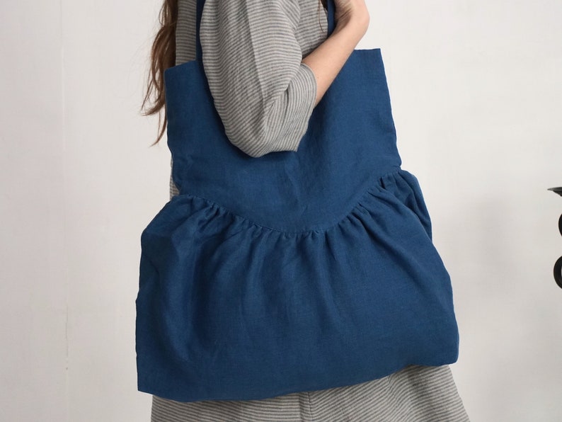 Linen ruffle bag. Linen double layer tote bag. Ruffle shoulder bag. Everyday shoulder bag. Reusable linen shoppers bag. Washed Linen Bag image 7