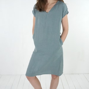 Linen V-neck Dress. Womans Linen Dress. Short Sleeve Dress. - Etsy