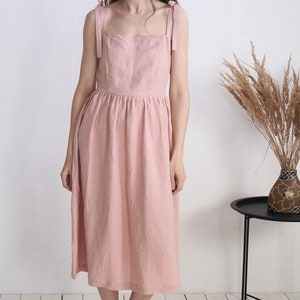 Linen dress with adjustable straps. Linen womans pinafore dress. Loose fitting ruffled sundress. Boho smock dress. Strap linen dress- GUAPAY
