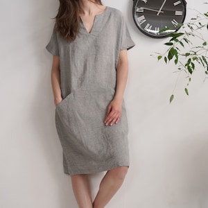 Linen midi dress. Linen dress. Washed linen dress. Soft linen V-neck dress. Washed linen dress with pockets. Linen natural dress INDUS image 8