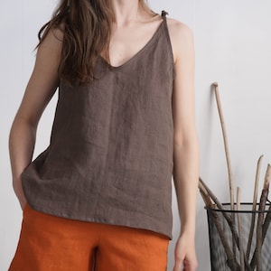 Linen tie strap tank top. Washed linen camisole top. Women linen spaghetti linen top. Summer blouse with ties. Linen strap tank top - NILE