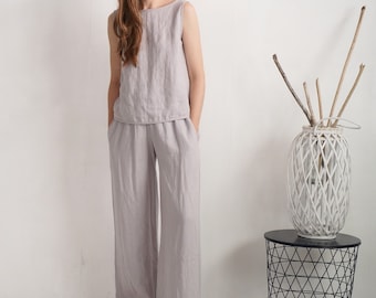 Women linen suit. Linen natural set. Linen top and pants. Linen low back top. Linen wide leg trousers. Linen set. Linen high waist pants.