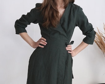 Elegant Linen Wrap Dress – Long Sleeves, V-Neck, A-Line Midi - GAUJA