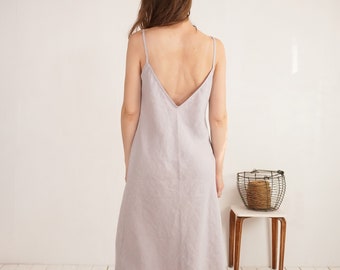 Open back linen strap dress. Deep V back linen dress. Linen sundress dress. Linen nightgown. Linen slip dress. Linen nightdress - YAMUNA