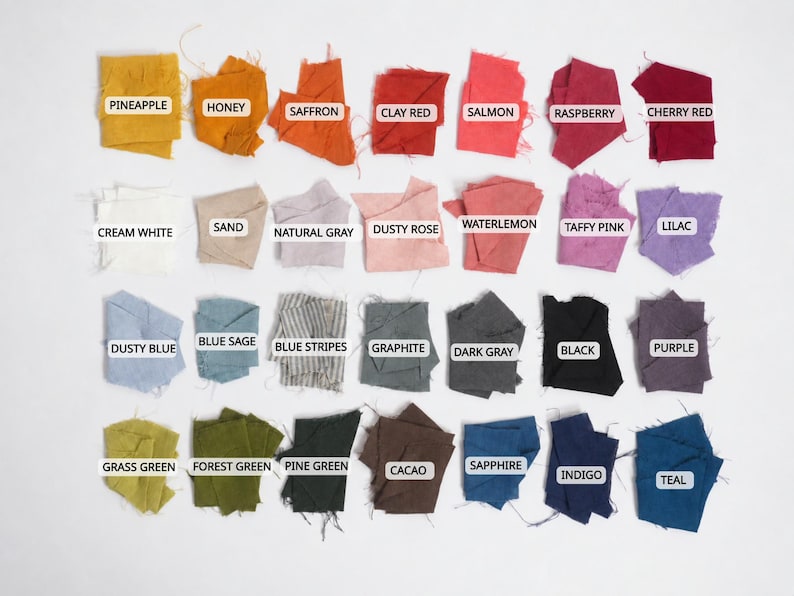 Puede incluir: Una cuadr&iacute;cula de veintiocho muestras de tela en varios colores, cada una etiquetada con texto que incluye Pineapple, Honey, Saffron, Clay Red, Salmon, Raspberry, Cherry Red, Cream White, Sand, Natural Gray, Dusty Rose, Waterlemon, Taffy Pink, Lilac, Dusty Blue, Blue Sage, Blue Stripes, Graphite, Dark Gray, Black, Purple, Grass Green, Forest Green, Pine Green, Cacao, Sapphire, Indigo y Teal.