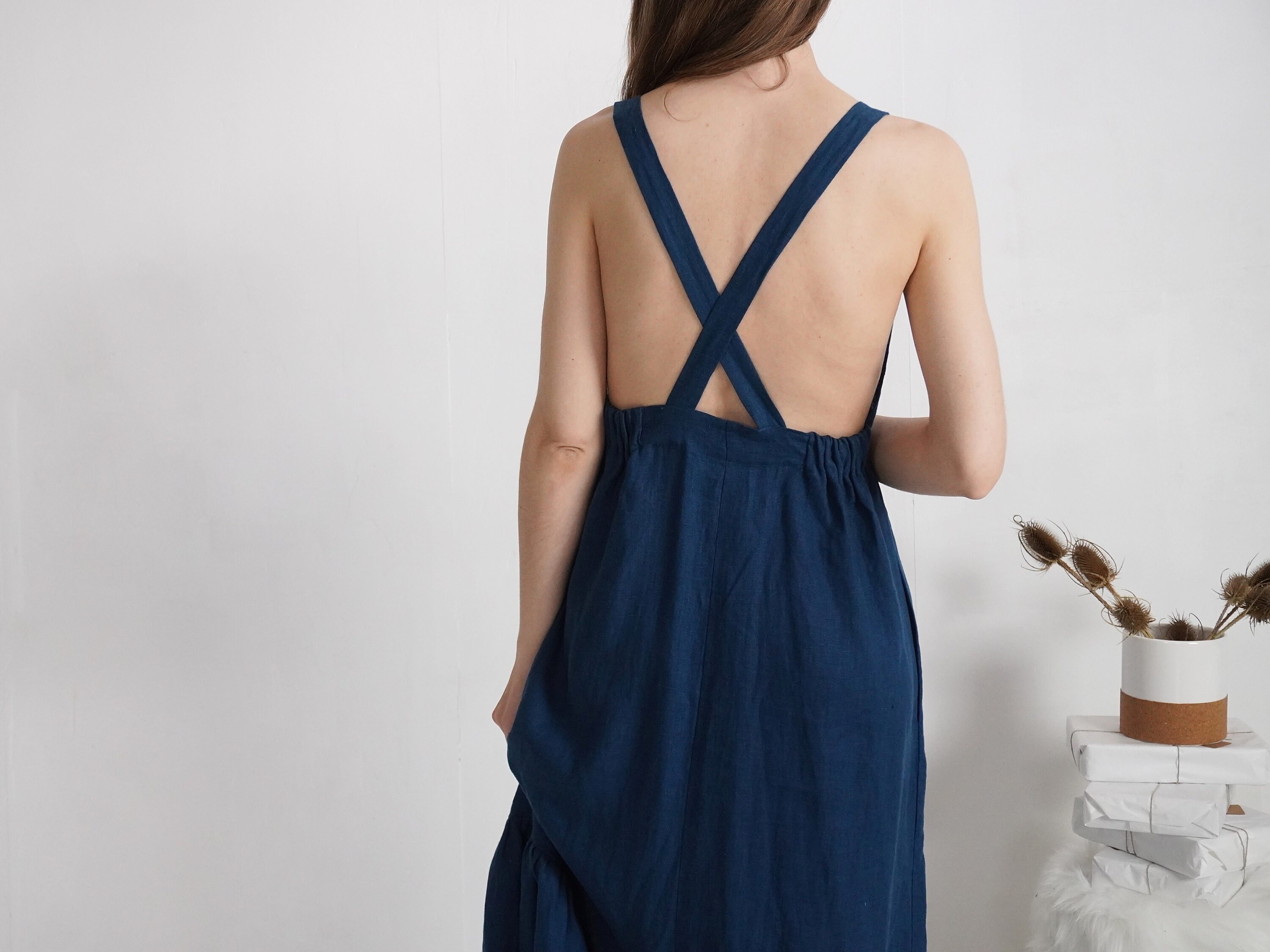 chinese dress ladies Cross-Back Linen Dress - Elegant Maxi Gown for Summer main image 1