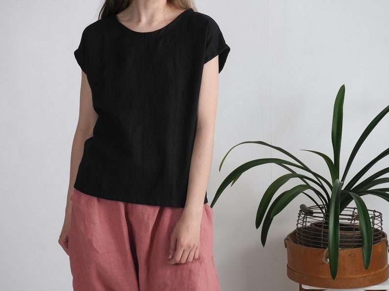 Linen simple top. Soft linen top. Washed linen blouse. Classic natural top. Simple linen top. Pure linen blouse. Organic linen top ELBE image 3