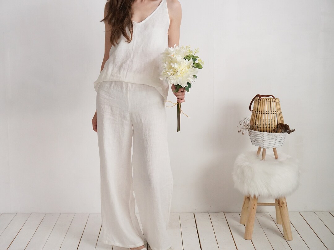 Linen Wedding Pantsuit. Simple Linen Wedding Outfit. Linen Top Etsy