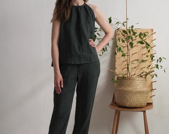100% Linen Halter Top and Elastic Waist Pants Set – Sustainable Summer wear