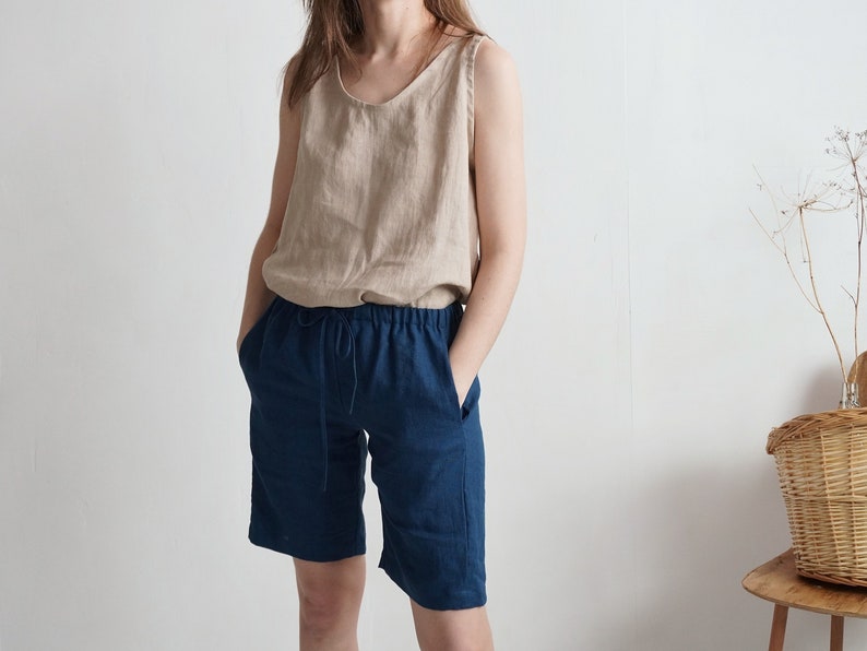 On SALE Ready to Ship, S, L size. Linen long shorts pockets. Linen mom shorts. Basic summer shorts. Women summer shorts. Long shorts-ALDAN image 4