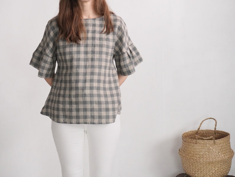 Linen loose ruffle sleeve blouse. Flowy linen blouse. Summer Oversized flowy top. Loose Fit Boho Linen Clothing. Plus size top EUPHRATES image 2