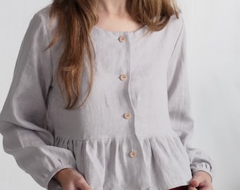 Linen long sleeve button top. Linen elegant blouse. Linen long sleeve blouse. Linen crop blouse. Linen women top. Linen winter top - NARVA