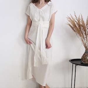 Long linen oversized dress with belt. Linen v-neck dress. Long linen dress. Women maxi linen dress. Oversize linen dress. White dress-UBANGI