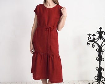 Washed Linen Drop Waist Maxi Dress – Ruffle Hem, Crew Neck, Boho Style - DONETS