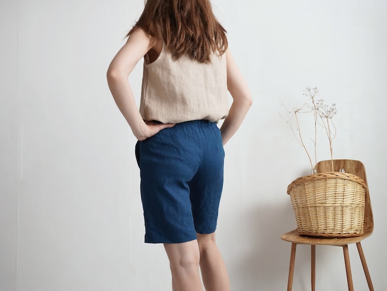 On SALE Ready to Ship, S, L size. Linen long shorts pockets. Linen mom shorts. Basic summer shorts. Women summer shorts. Long shorts-ALDAN image 3