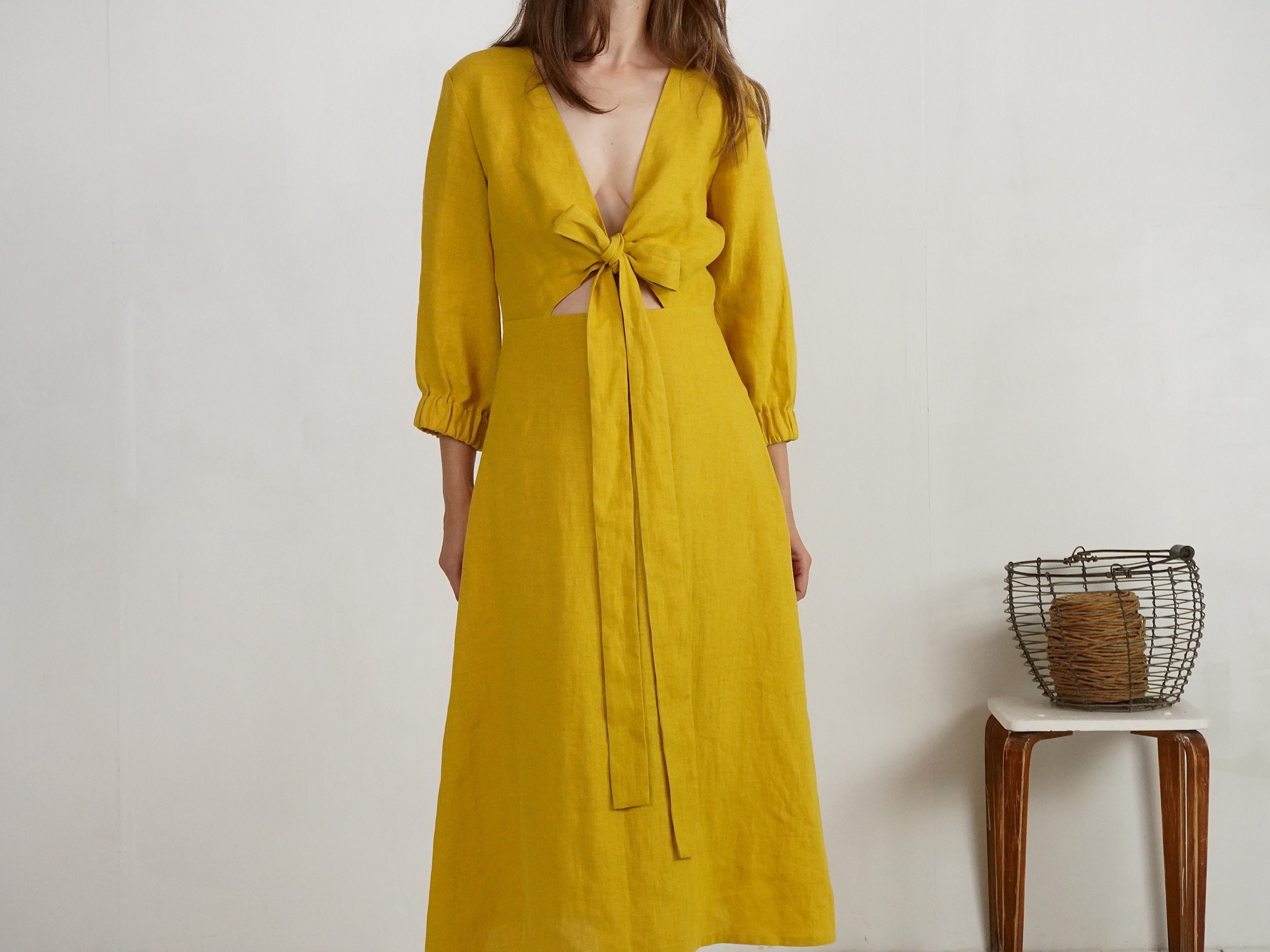 knee length dresses for ladies The Linen Belted Midi Dress