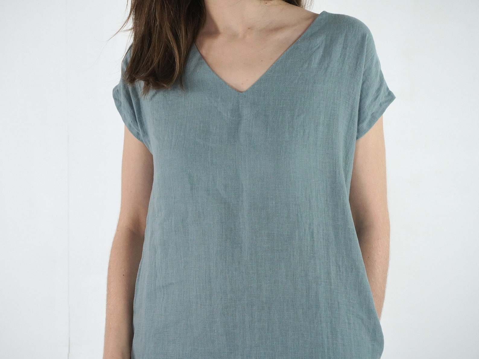 V-Neck, Short-Sleeved, Buttoned, Pleated Linen Dress main image 1