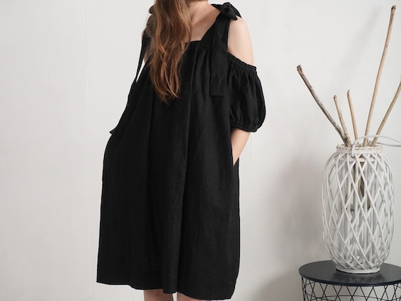 Off Shoulder Linen Dress. Linen Dress for Women. Oversized Linen Dress.  Ruffled Sleeves Dress. Linen Sundress. Strap Linen Dress - WHITE - Etsy