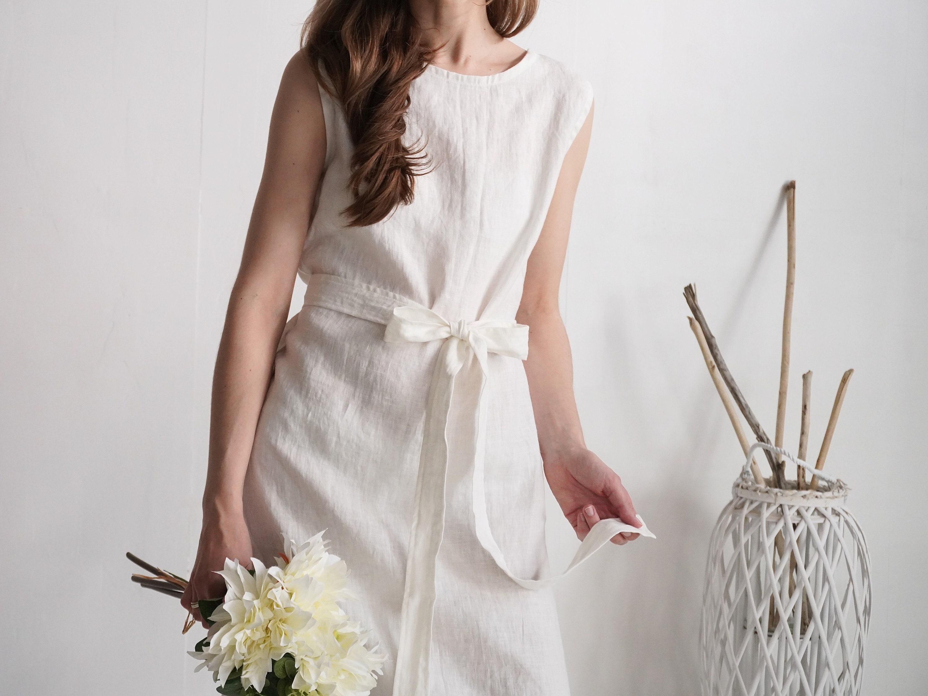 Linen sleeveless wedding dress. Linen midi bridal gown. Linen natural wedding dress. Bridesmade dress. Natural linen bridal dress - GANGES