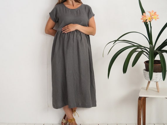 amazon grey dress 100% Linen Maternity Maxi Dress, Boho Empire Waist, Loose Fit, Sustainable Clothing - MEDIUM BLUE DENIM