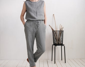 Linen top and pants set for women. Linen blouse and pants. Summer linen outfit. Linen pantsuit. Linen clothing set. Sustainable clothing.