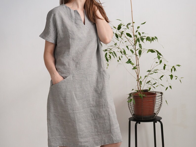 On SALE Ready to Ship, Xs, S, L, XL sizes. Linen midi dress. Washed linen dress. Soft linen V-neck dress. Washed linen dress-INDUS image 8