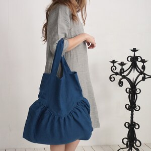 Linen ruffle bag. Linen double layer tote bag. Ruffle shoulder bag. Everyday shoulder bag. Reusable linen shoppers bag. Washed Linen Bag image 6