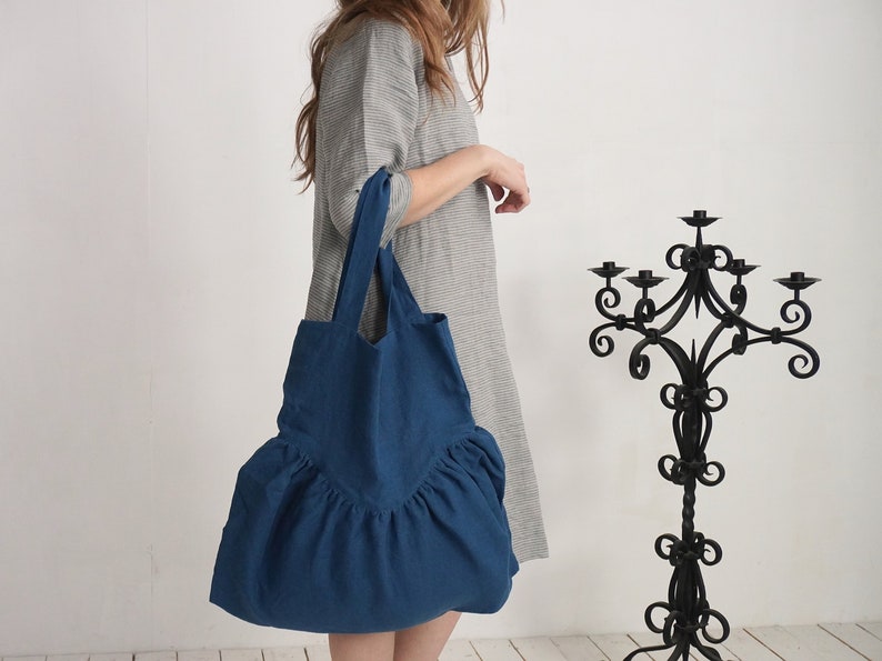 Linen ruffle bag. Linen double layer tote bag. Ruffle shoulder bag. Everyday shoulder bag. Reusable linen shoppers bag. Washed Linen Bag image 6