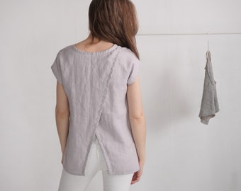 Linen split back blouse. Washed linen top. Linen top with split on back. Linen short sleeve top. Summer blouse. Flax top for woman - NENE