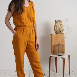 Linen sleeveless jumpsuit. Linen jumpsuit with pockets. Washed linen romper. Linen overalls. Linen sleeveless romper. Summer jumpsuit- ZAIRE