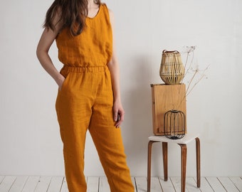 Linen sleeveless jumpsuit. Linen jumpsuit with pockets. Washed linen romper. Linen overalls. Linen sleeveless romper. Summer jumpsuit- ZAIRE