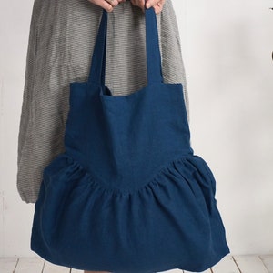 Linen ruffle bag. Linen double layer tote bag. Ruffle shoulder bag. Everyday shoulder bag. Reusable linen shoppers bag. Washed Linen Bag image 1