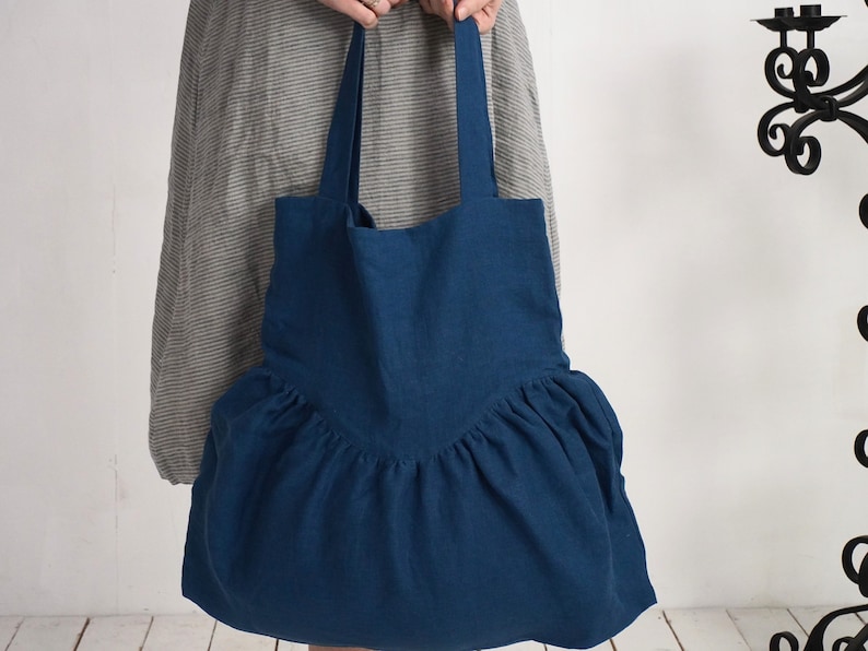 Linen ruffle bag. Linen double layer tote bag. Ruffle shoulder bag. Everyday shoulder bag. Reusable linen shoppers bag. Washed Linen Bag image 1