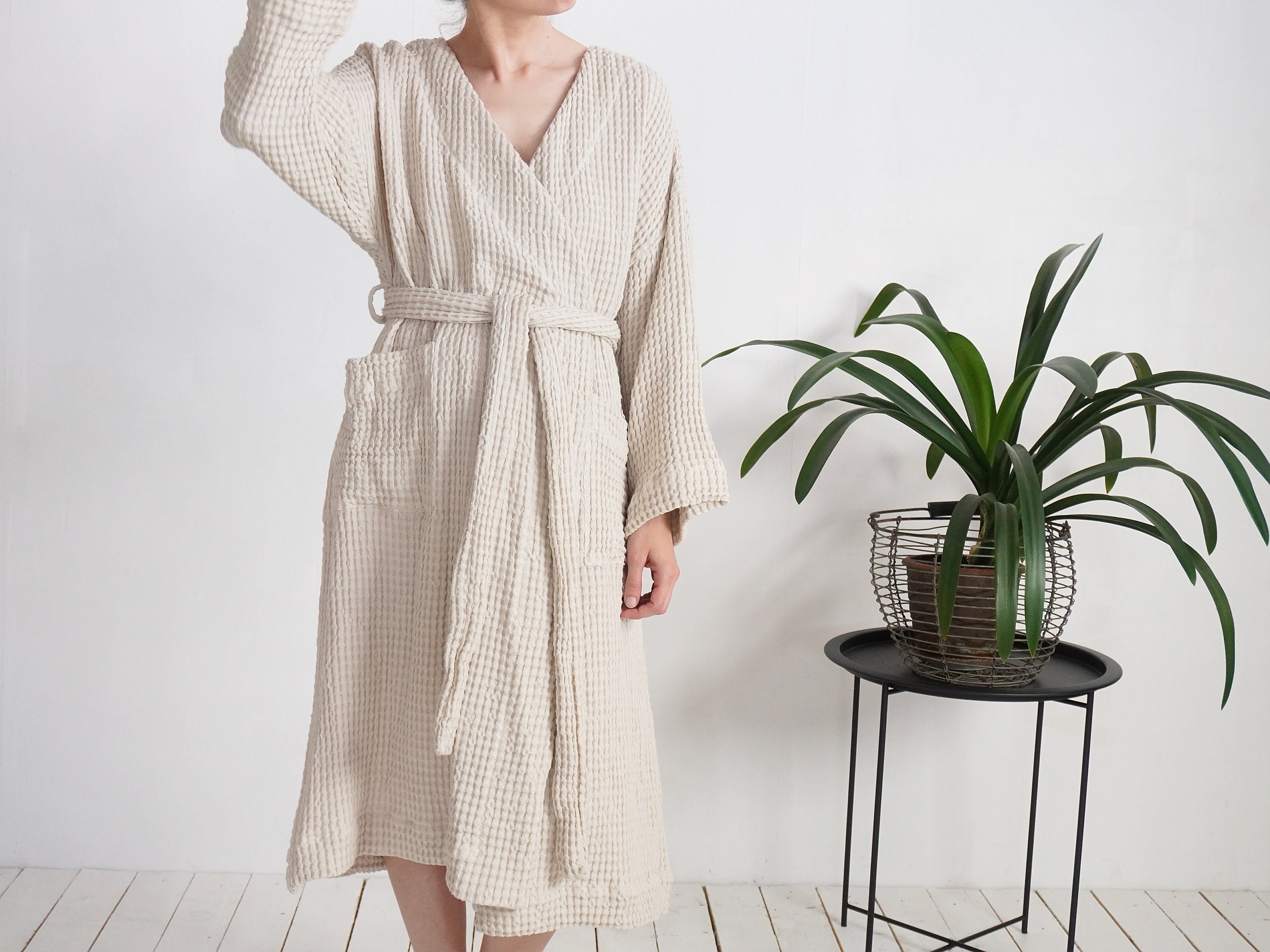 Long Waffle Linen Bathrobe. Long Linen Robe. Waffle Weave Absorbent ...