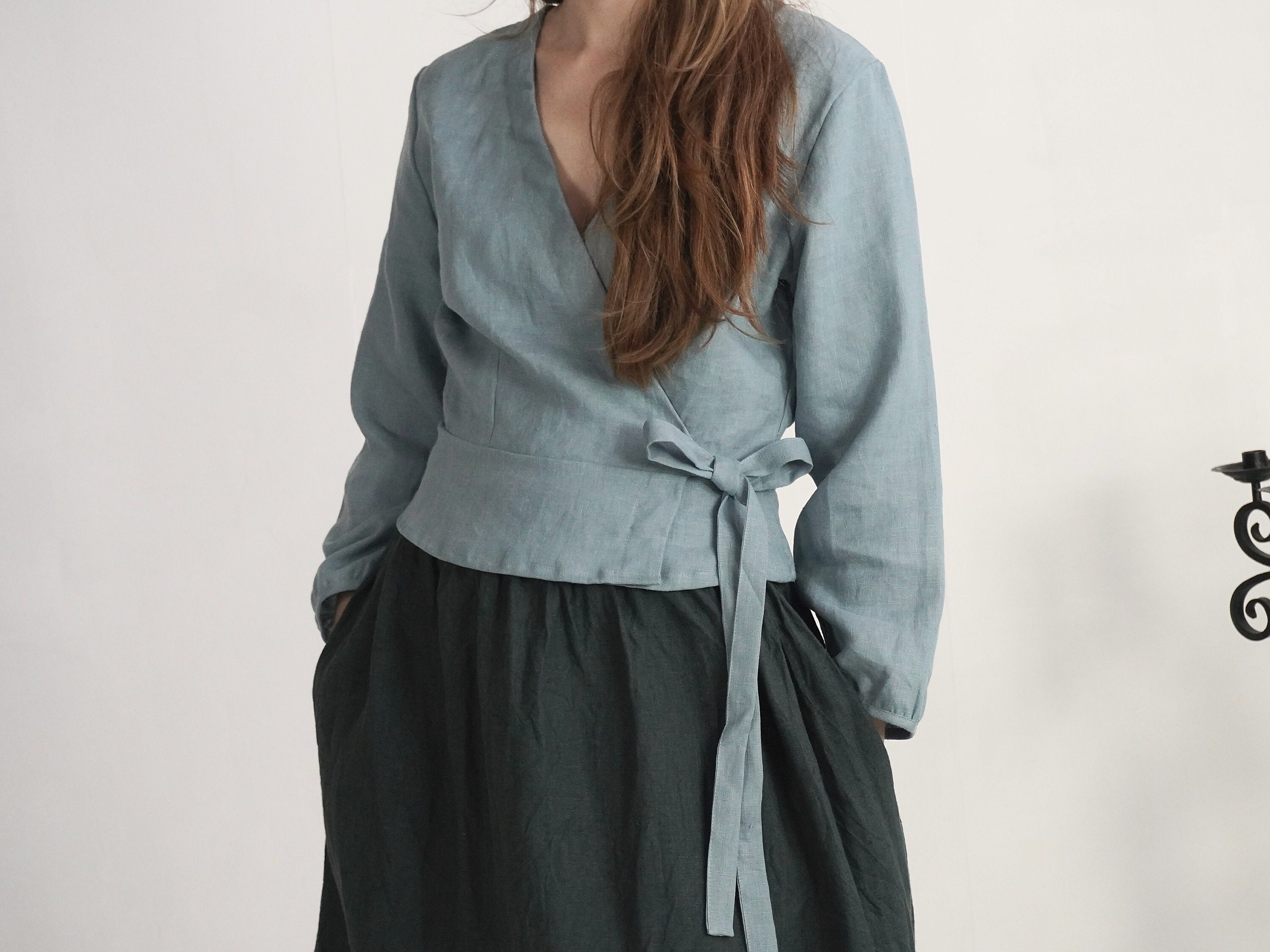 Linen Long Sleeve Wrap Top. Linen Elegant Blouse. Linen Wrap