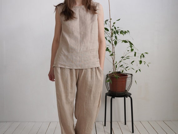 Conjunto LINO mujer: Pantalón palazzo y top cruzado. Pantalón ancho de tiro  alto y crop top. Conjunto de lino natural suave para Mujer. Traje de Lino  Orgánico. -  España