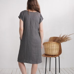 Linen v-neck dress. Womans linen dress. Short sleeve dress. V-neck dress. Womans loose linen dress. Natural linen summer dress MADEIRA image 8