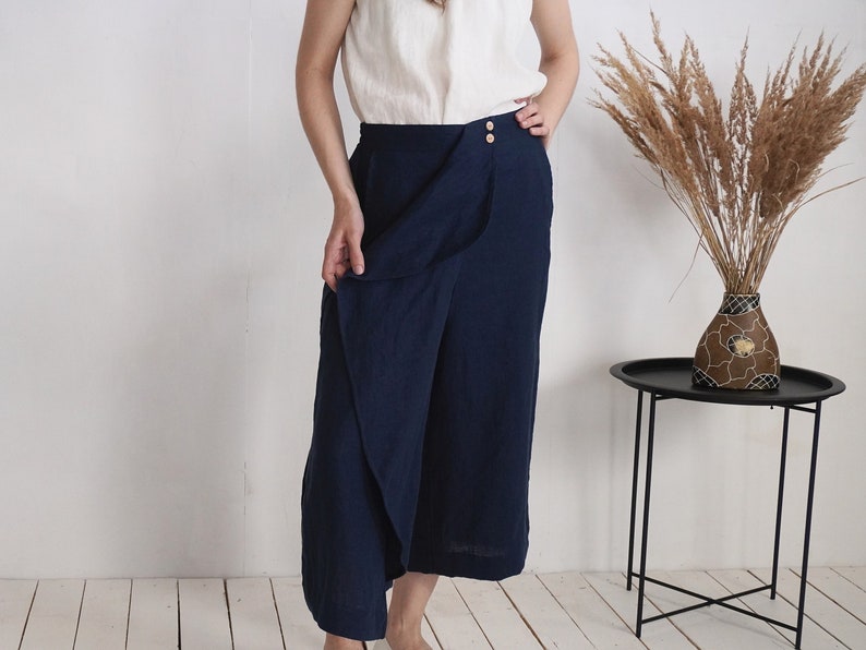 On SALE Ready to Ship, S size. Linen capri pants. Wide leg capri trousers. Linen capri pants with ruffle. Summer pants.Ruffle pants-BARCOO image 2