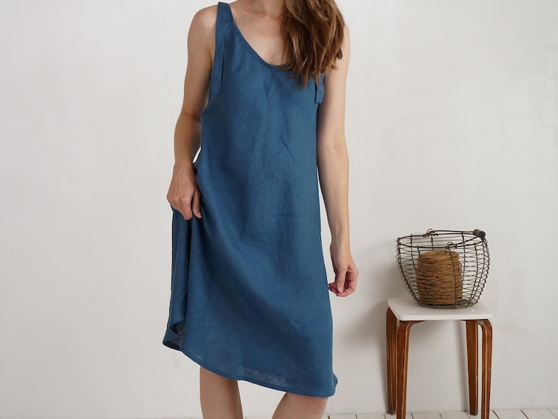 Wide strap linen dress. Midi linen sundress. Open back wedding guest dress. Linen v-neck summer dress. Natural sleeveless linen dress TIETE image 3