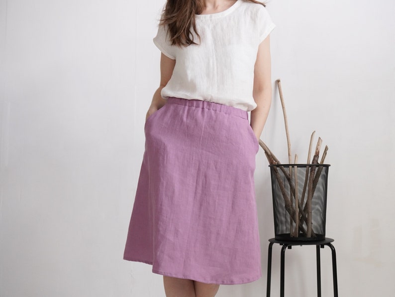 Linen midi skirt. Linen skirt. A-line skirt. Sustainable linen clothing. Office skirt. Linen knee length skirt. Pocket midi skirt COLUMBIA image 3