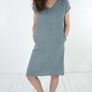 Linen V-neck Dress. Womans Linen Dress. Short Sleeve Dress. - Etsy