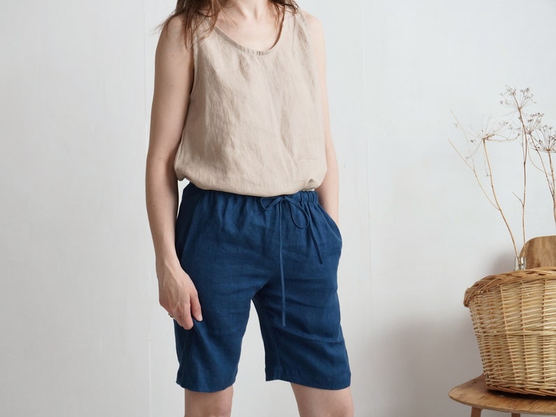 On SALE Ready to Ship, S, L size. Linen long shorts pockets. Linen mom shorts. Basic summer shorts. Women summer shorts. Long shorts-ALDAN image 1