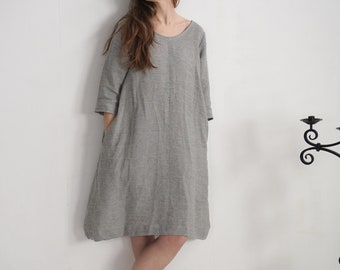 Linen Winter Dress with Pockets – 3/4 Sleeve Trapeze Style - KUSKOKWIM