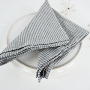 May include: Two blue and white striped linen napkins folded in a triangle shape on a white plate.