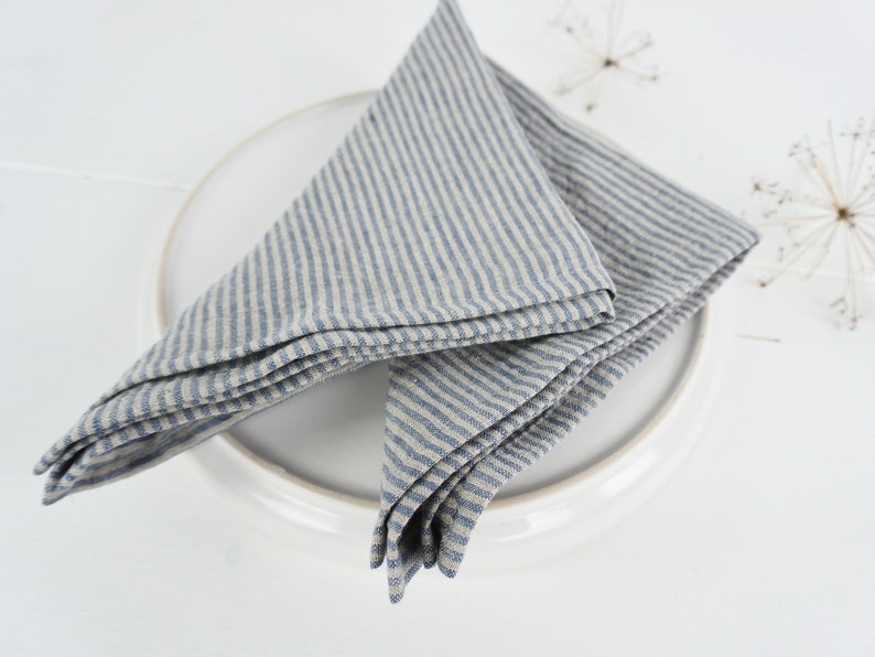 May include: Two blue and white striped linen napkins folded in a triangle shape on a white plate.