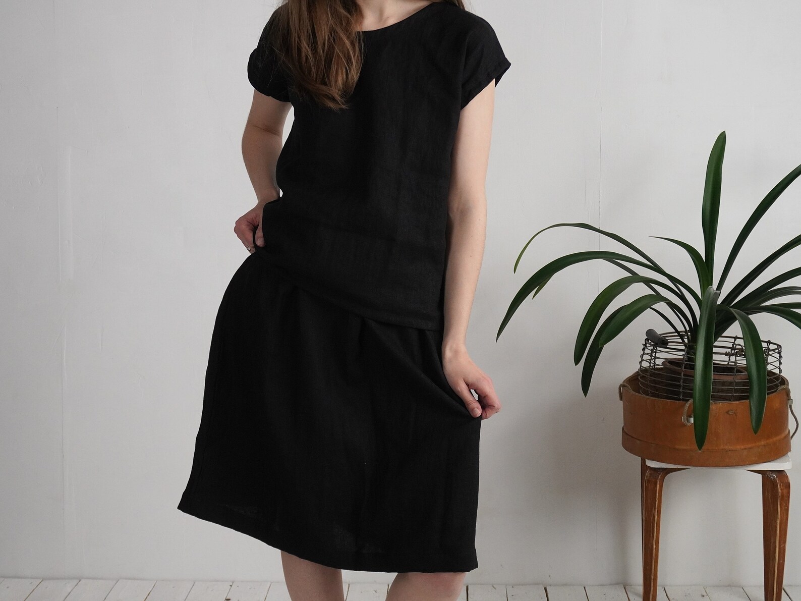 Cotton & Linen Bow Decor Split Midi Skirt