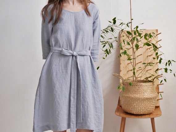 midi trapeze dress with sleeves Linen trapeze dress. Linen midi dress with pockets. Linen trapeze dress with belt. Linen dress with 3/4 sleeves. Fall winter dress