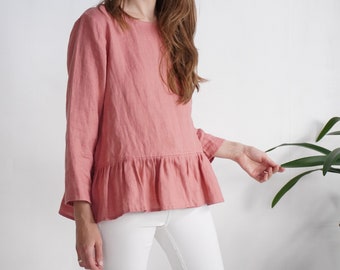 Linen blouse with long sleeves. Ruffled hem linen shirt. A-line linen blouse. Simple long sleeve top. Long sleeve ruffle linen blouse - RED